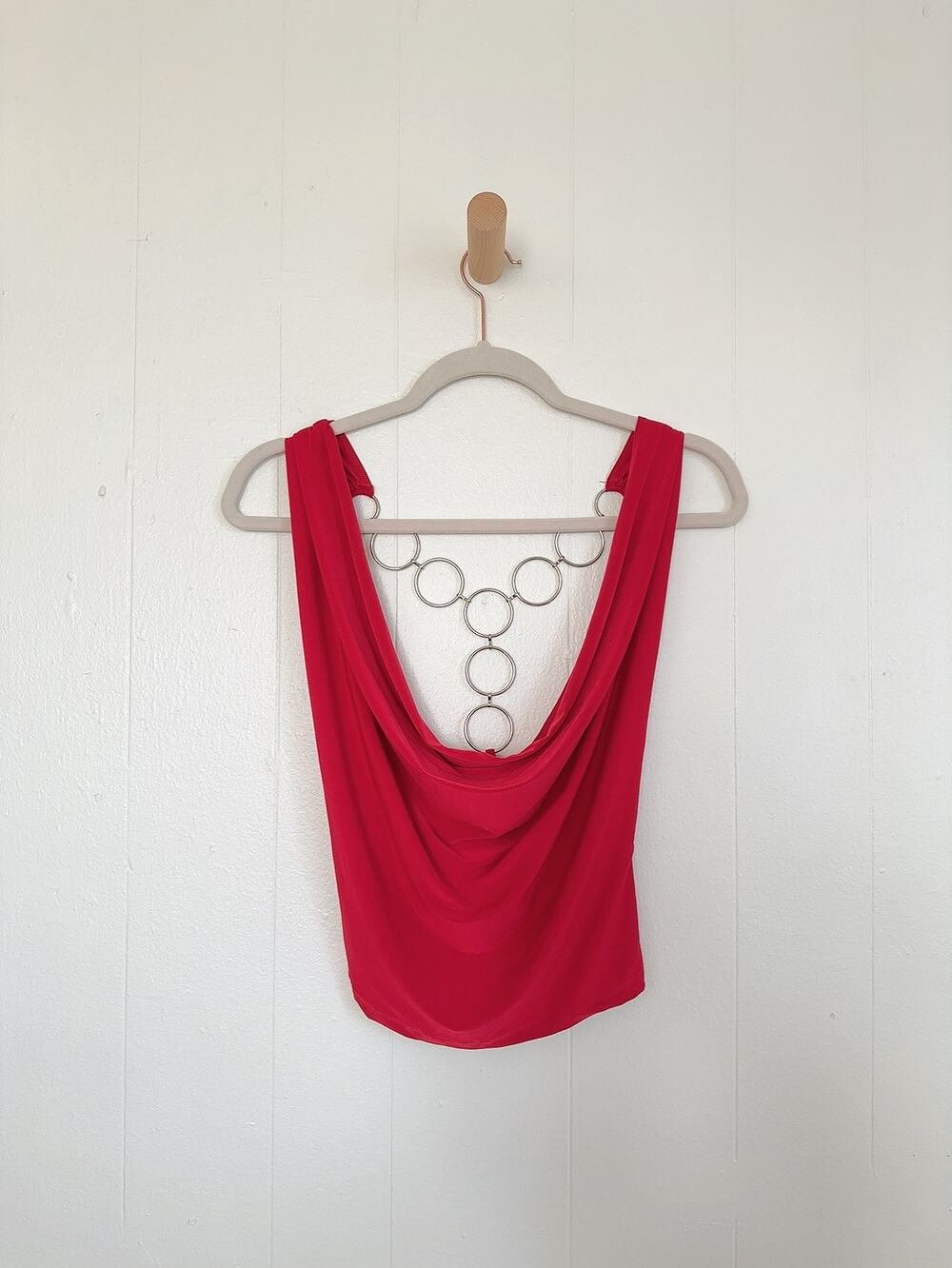 Vintage Y2K Wet Seal Red Cowl Neck O-Ring Open Back Halter Top Small Medium
